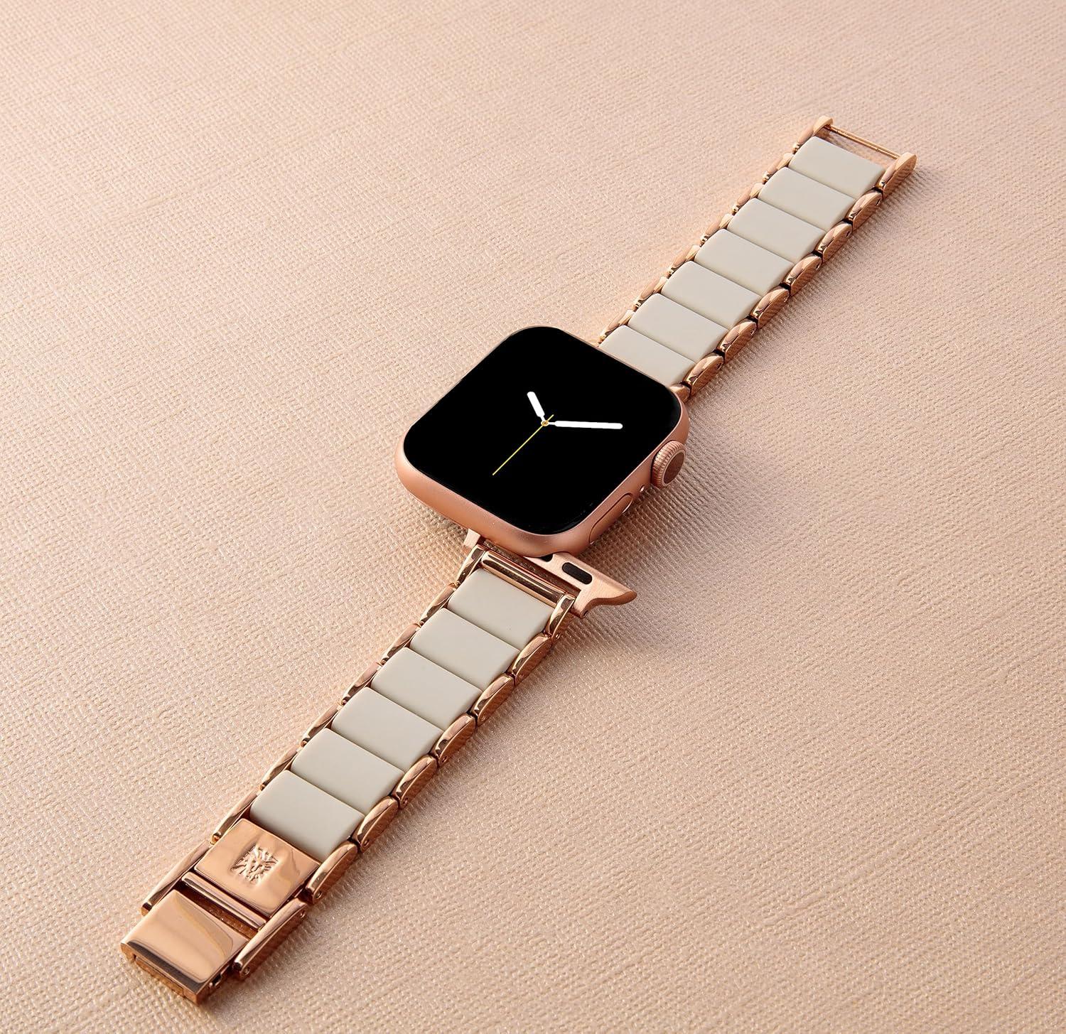 imageAnne Klein Silicone Fashion Bracelet for Apple Watch Secure Adjustable Apple Watch Replacement Band Fits Most WristsCreamRose Gold