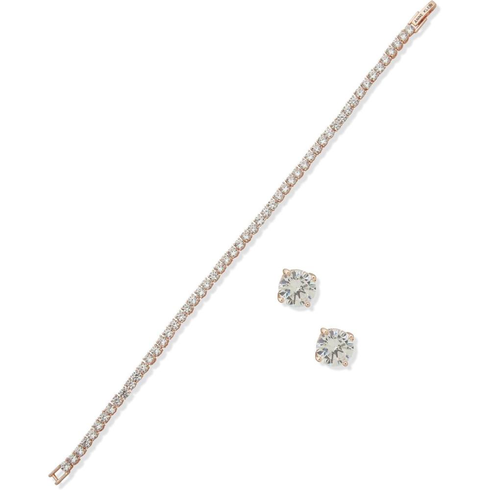 imageAnne Klein Rose Gold Tone Clear Crystal 2MM Tennis Setting Flex Bracelet Earrings Set
