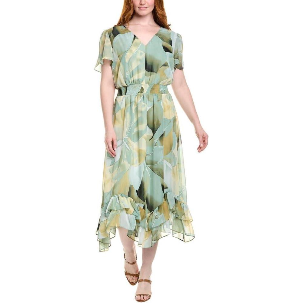 imageAnne Klein Womens Assym Hem Tea Length DressSoft Aloe Multi
