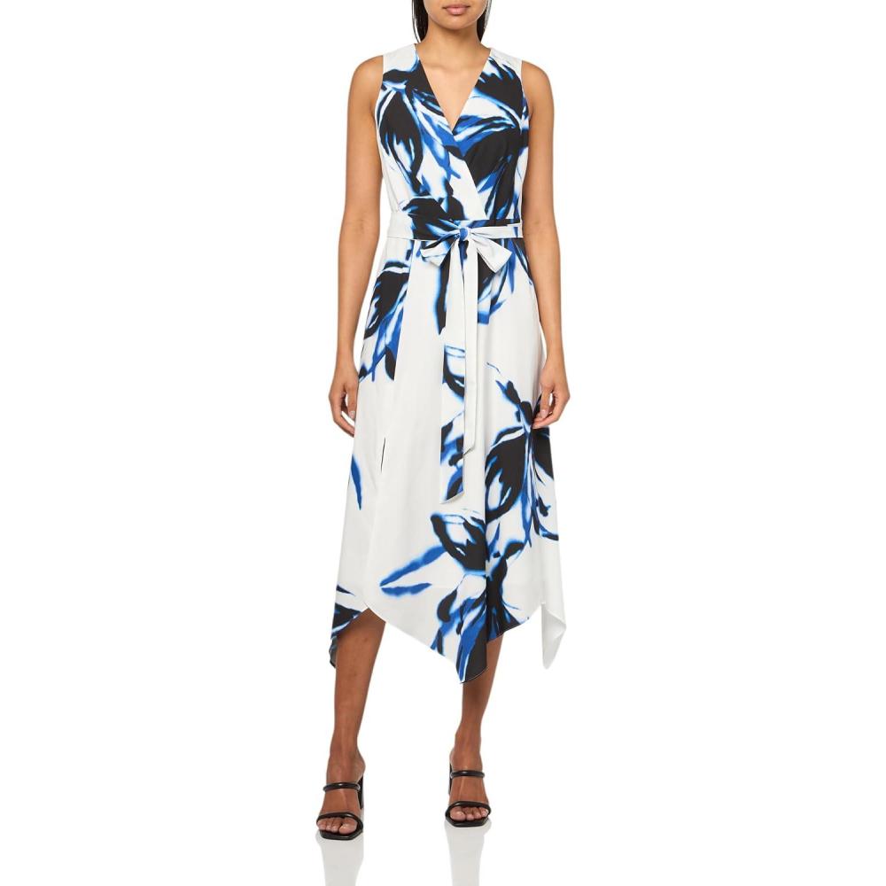 imageAnne Klein Womens Asymmetrical Surplice DressBright White Multi