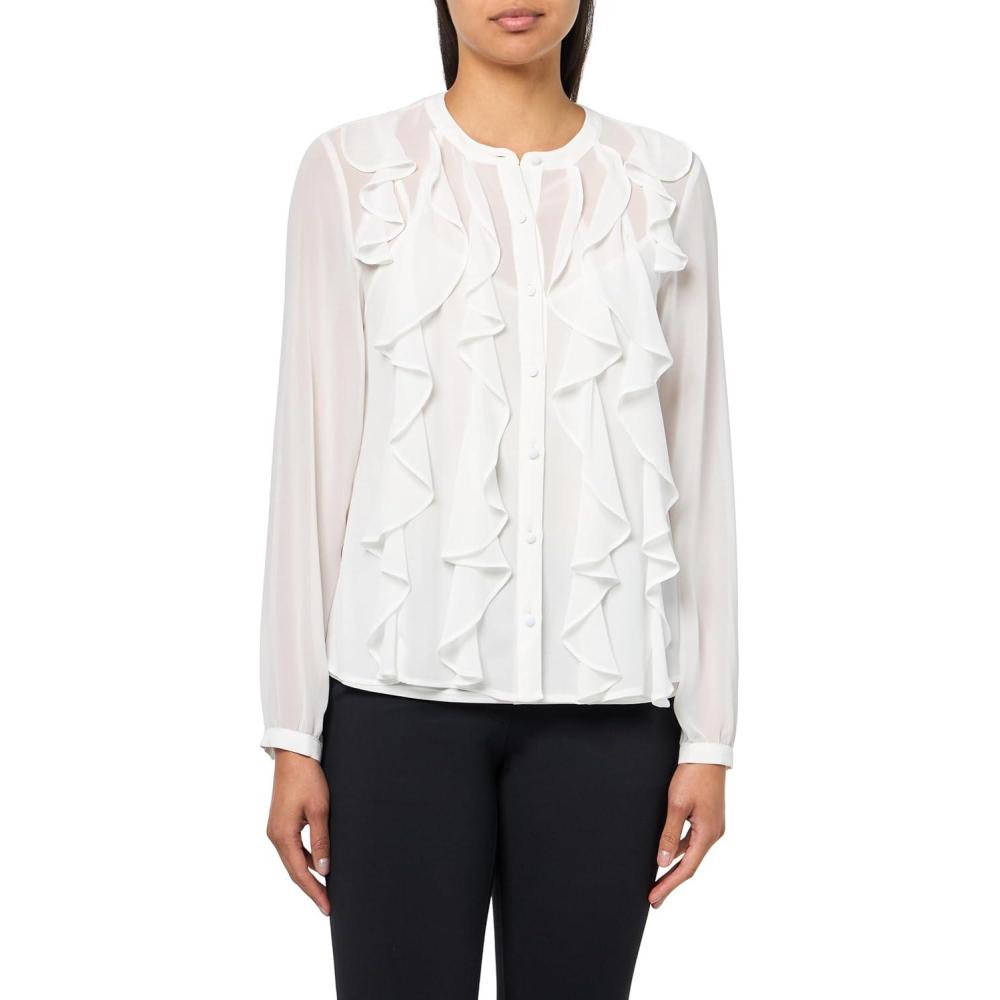 imageAnne Klein Womens Bttn Frt Cascade Ruffle Long Sleeve BlouBright White