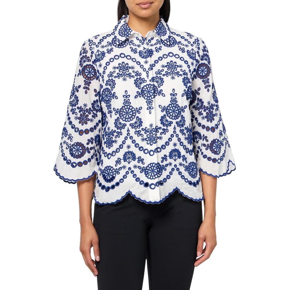 imageAnne Klein Womens Button Frt Shirt W Scallop HemBrght WhtSantorini Bl