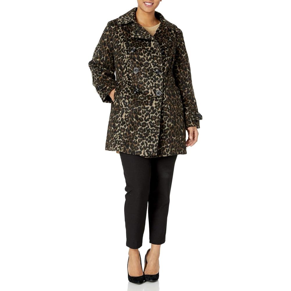 imageAnne Klein Womens Classic Double Breasted Wool CoatLeopard