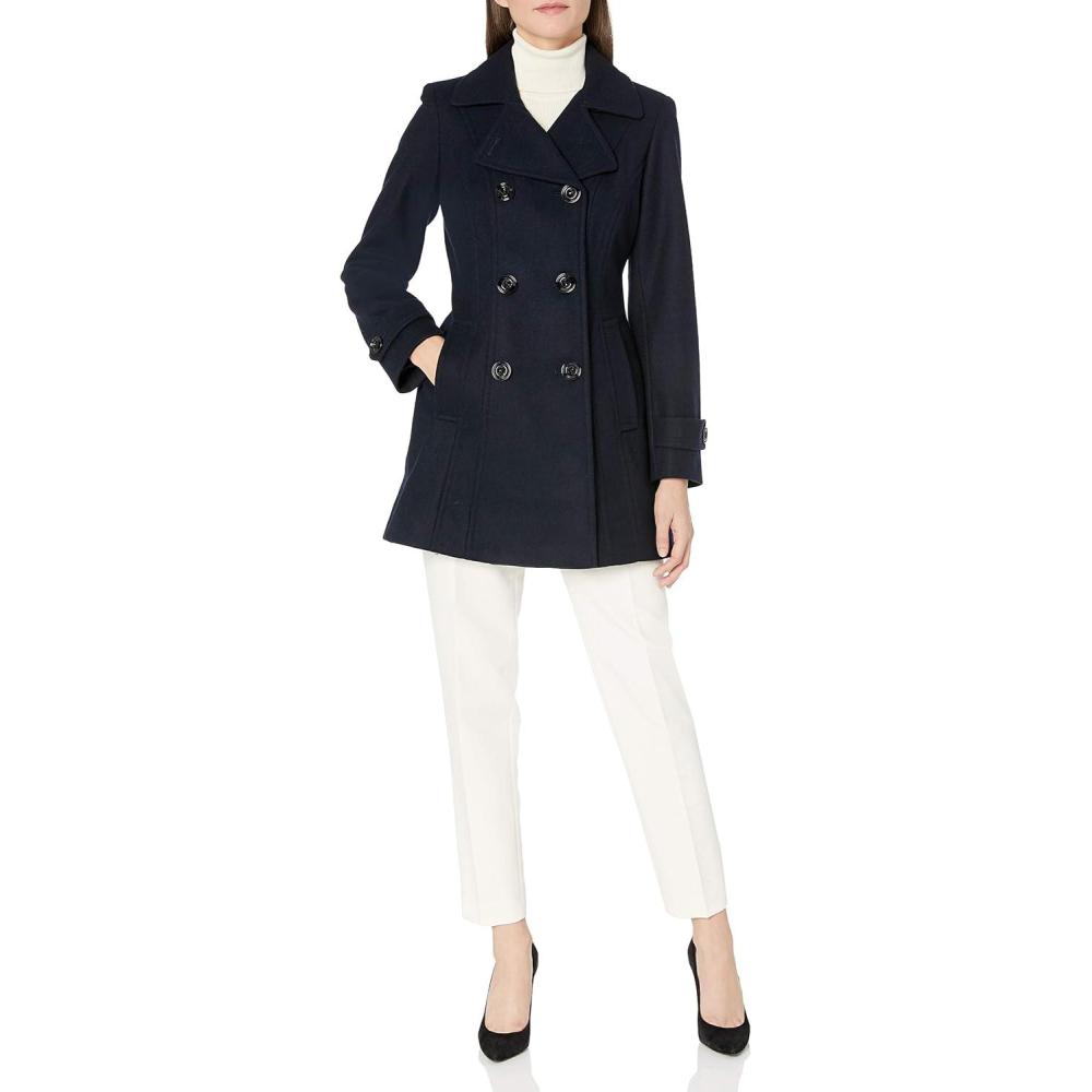 imageAnne Klein Womens Classic Double Breasted Wool CoatNavy