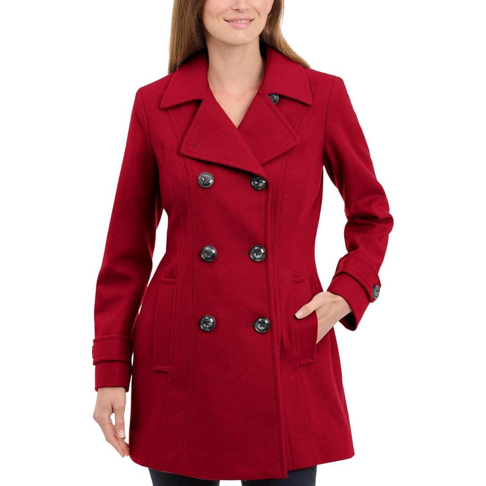 imageAnne Klein Womens Classic Double Breasted Wool CoatRed