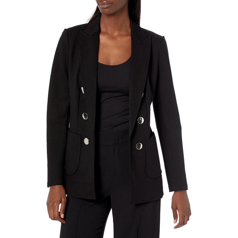 imageAnne Klein Womens Faux Double Breasted Patch Pocket JacketBusiness Casual BlazerAsphalt