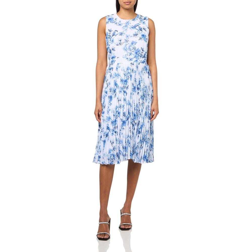 imageAnne Klein Womens Jewel Neck Pleated Skirt Midi DressBright White Multi