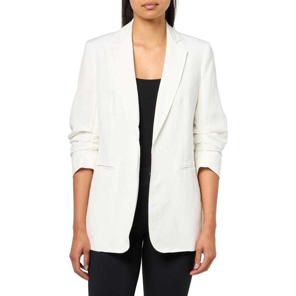 imageAnne Klein Womens Linen Notch Collar Jacket W Rouched SleeBright White