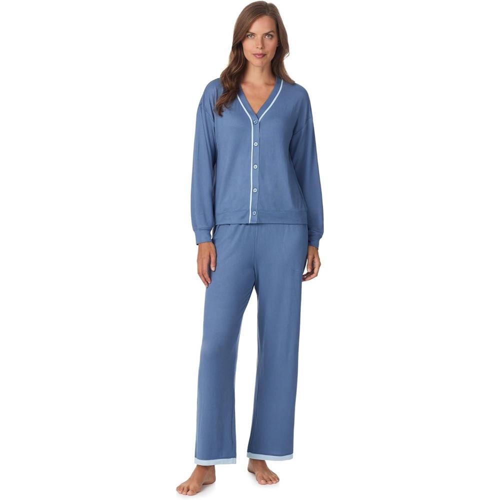 imageAnne Klein Womens Long Sleeve Button Down Pajama Top ampamp Wide Leg Pant Set  Soft Sweater Knit  Cozy Sleepwear ampamp LoungewearBlue Horizon