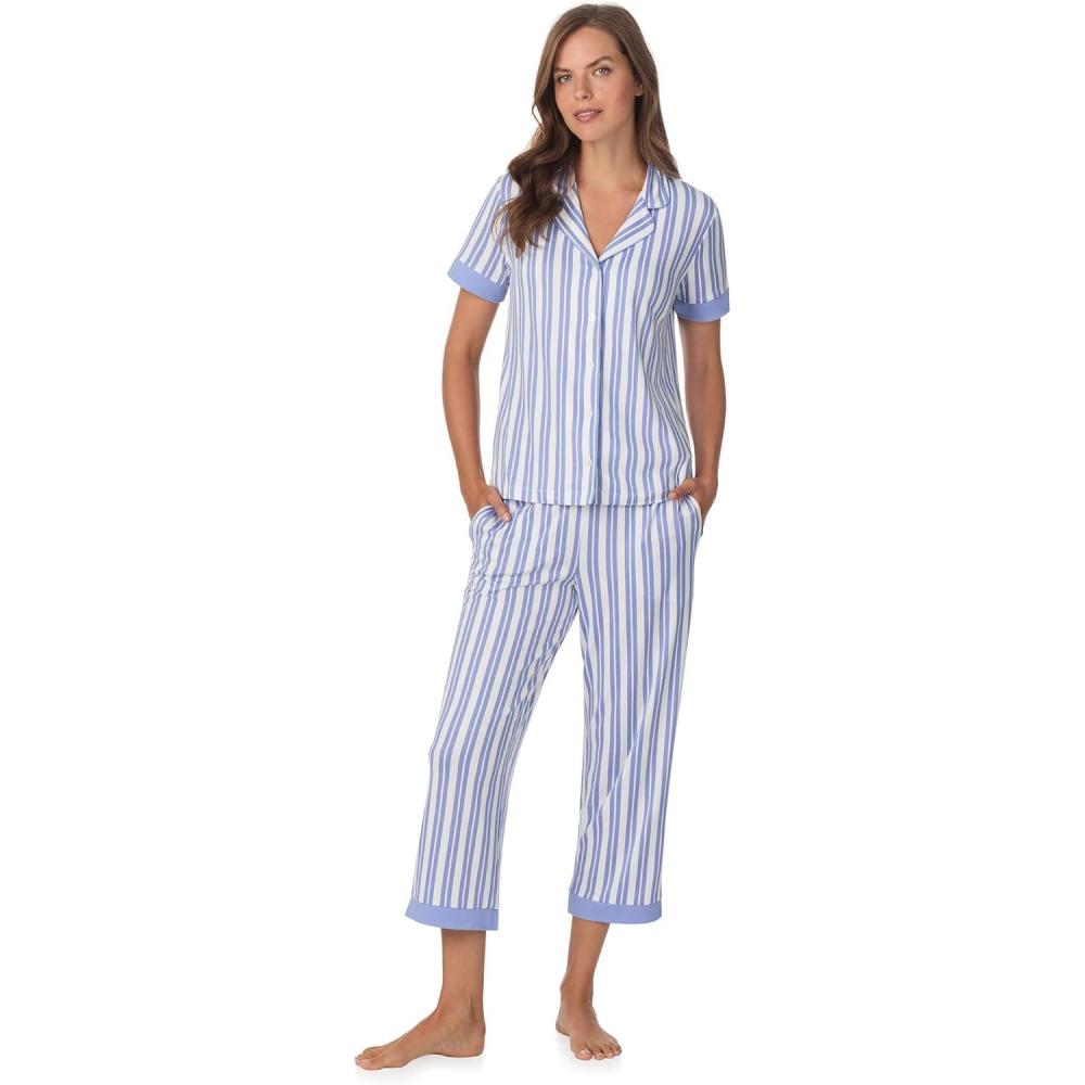 imageAnne Klein Womens Short Sleeve Button Down Pajama Top ampamp Capri Pant Set Soft Sweater Knit Matching Sleepwear ampamp LoungewearBlue Classic Stripe