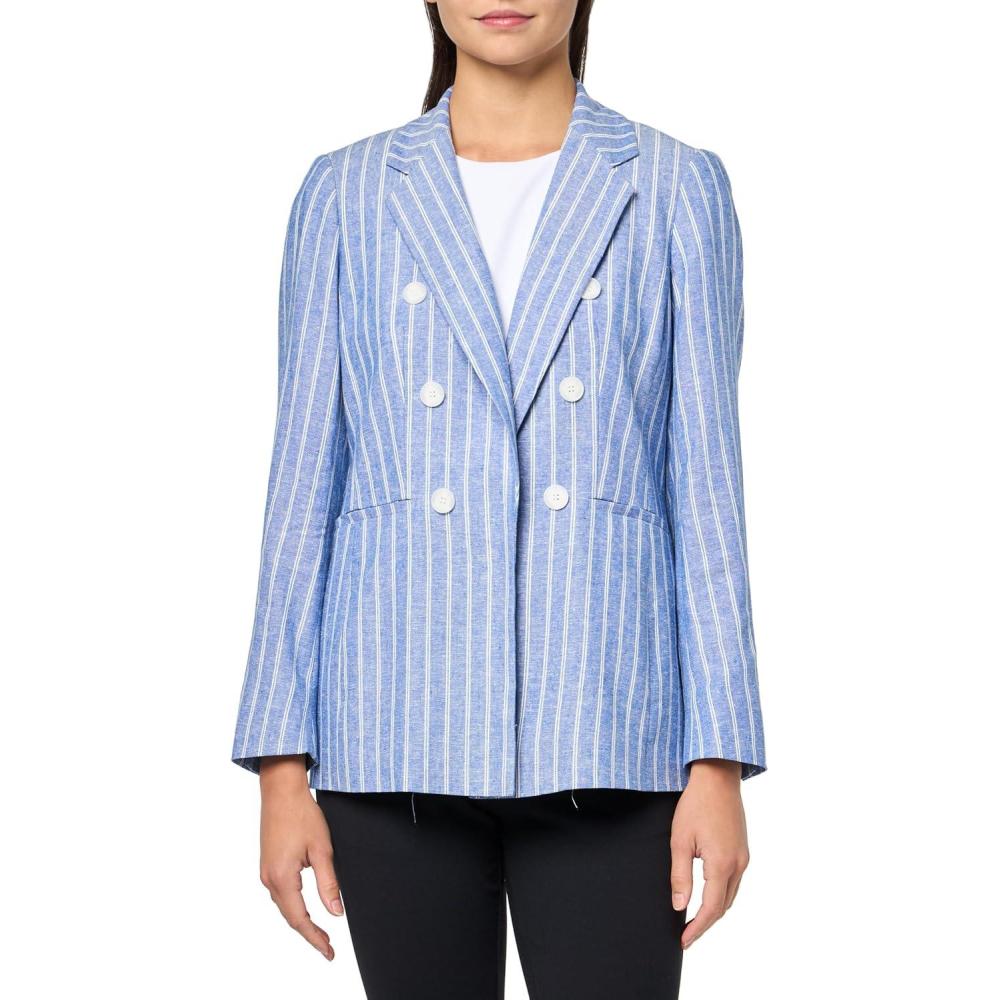 imageAnne Klein Womens Stripe Faux Double Breasted Jacket WNotSantorini BlueBrt Wht