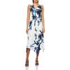 Anne Klein Womens Asymmetrical Surplice Dress(Bright White Multi)
