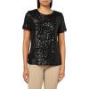 Anne Klein Womens Sequin Mesh W Triple Mesh Ss Banded Tee(Anne Black)
