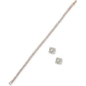 Anne Klein Rose Gold Tone Clear Crystal 2MM Tennis Setting Flex Bracelet Earrings Set