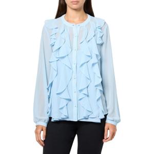 Anne Klein Womens Bttn Frt Cascade Ruffle Long Sleeve Blou(Opal Blue)