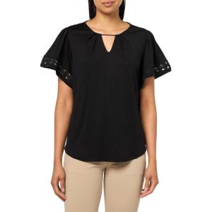 Anne Klein Women’s Harmony Knit Pleat Nk Bell SLV Top W Lac(Anne Black)