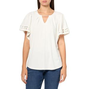 Anne Klein Women’s Harmony Knit Pleat Nk Bell SLV Top W Lac(Bright White)