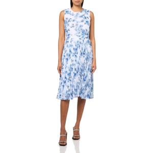 Anne Klein Women’s Jewel Neck Pleated Skirt Midi Dress(Bright White Multi)