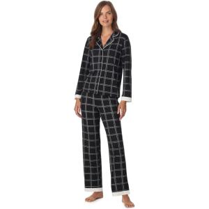 Anne Klein Womens Long Sleeve Button Down Pajama Top & Relaxed Pant Set – Soft Sweater Knit – Cozy Sleepwear & Loungewear PJs(Black Plaid)