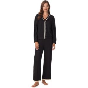 Anne Klein Womens Long Sleeve Button Down Pajama Top & Wide Leg Pant Set – Soft Sweater Knit – Cozy Sleepwear & Loungewear(Black)