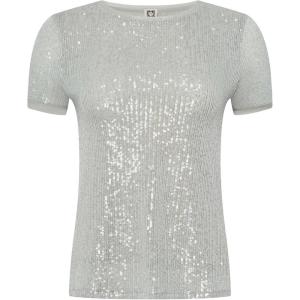 Anne Klein Womens Sequin Mesh W Triple Mesh Ss Banded Tee(Soft Aloe)