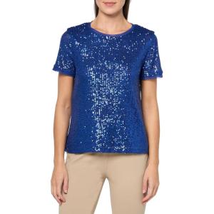Anne Klein Womens Sequin Mesh W Triple Mesh Ss Banded Tee(Vibrant Cobalt)