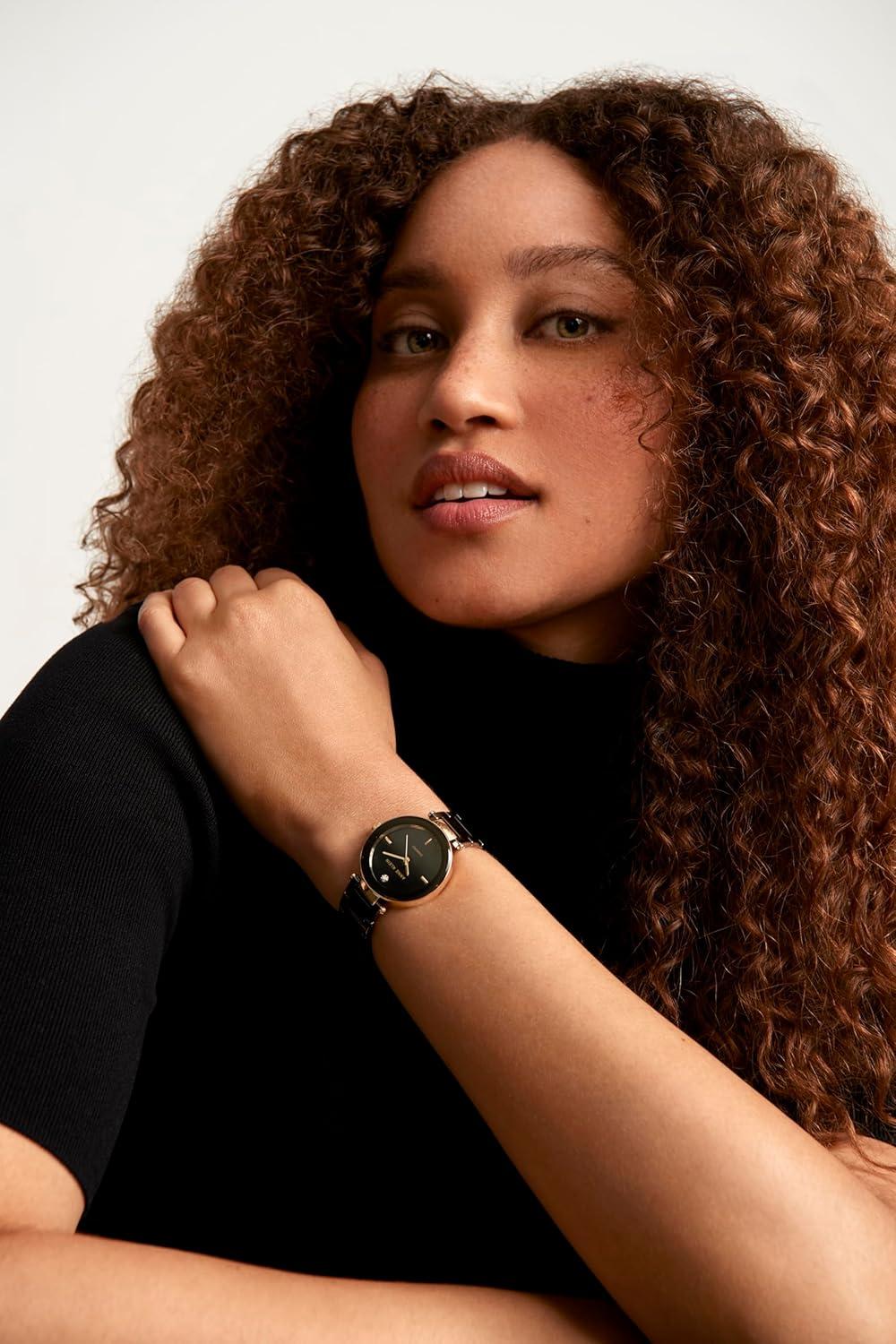 imageAnne Klein Womens Black Ceramic Bracelet Watch with Diamond AccentBlackGold