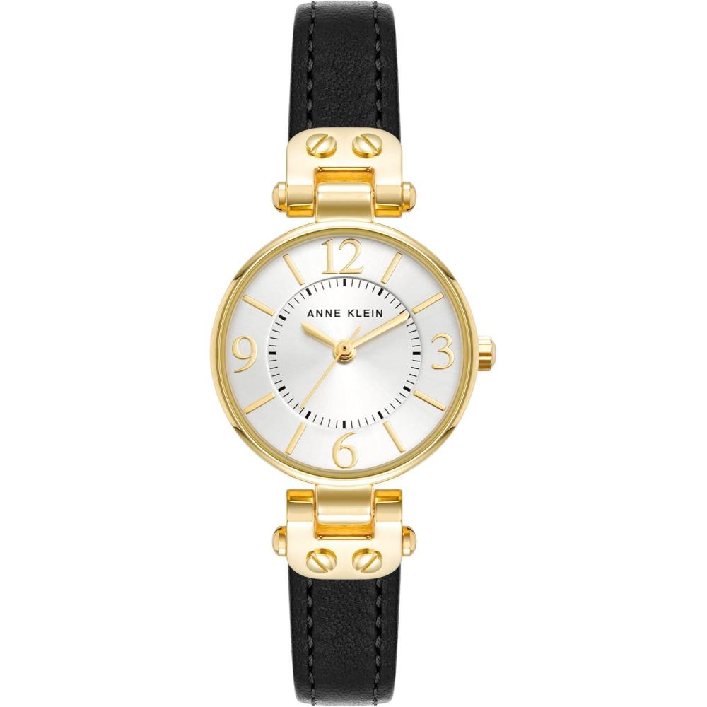 imageAnne Klein Womens Leather Strap WatchBlackGoldTone
