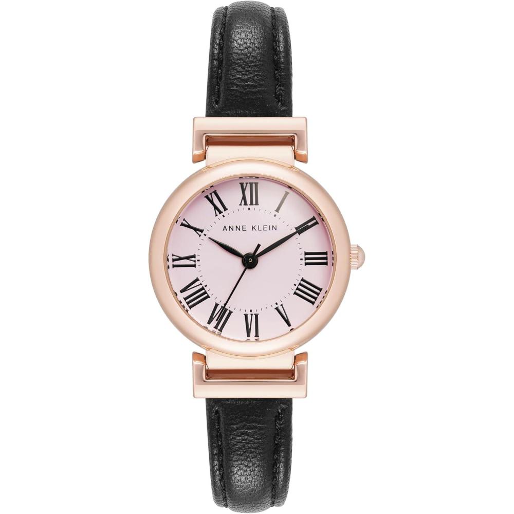 imageAnne Klein Womens Leather Strap WatchBlackRose GoldPink