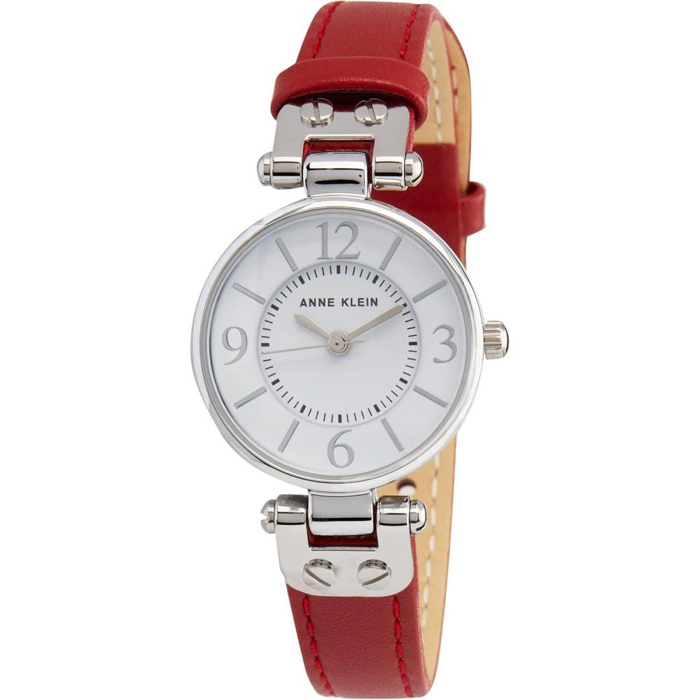 imageAnne Klein Womens Leather Strap WatchRedSilver