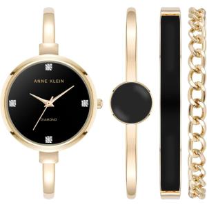 Anne Klein Women’s Bangle Watch and Bracelet Set(Black/Gold Lab-Grown)