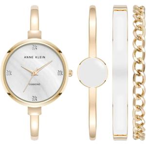 Anne Klein Women’s Bangle Watch and Bracelet Set(White/Gold Lab-Grown)