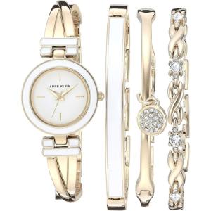 Anne Klein Women’s Bangle Watch and Premium Crystal Accented Bracelet Set(Gold/White)