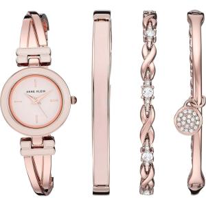 Anne Klein Women’s Bangle Watch and Premium Crystal Accented Bracelet Set(Rose Gold/Pink)