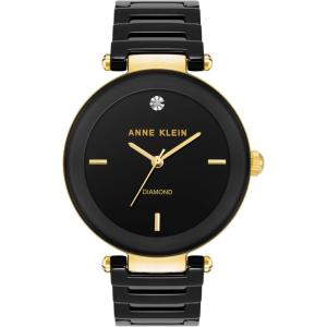 Anne Klein Women’s Black Ceramic Bracelet Watch with Diamond Accent(Black/Gold)