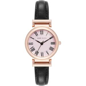 Anne Klein Women’s Leather Strap Watch(Black/Rose Gold/Pink)