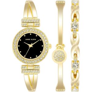 Anne Klein Women’s Premium Crystal Accented Bangle Watch and Bracelet Set(Gold/Black)