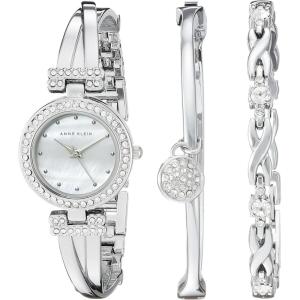 Anne Klein Women’s Premium Crystal Accented Bangle Watch and Bracelet Set(Silver)