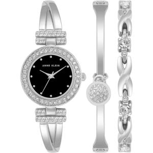 Anne Klein Women’s Premium Crystal Accented Bangle Watch and Bracelet Set(Silver/Black)