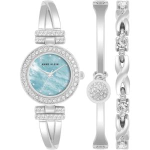 Anne Klein Women’s Premium Crystal Accented Bangle Watch and Bracelet Set(Silver/Light Blue)