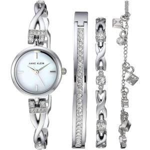 Anne Klein Women’s Premium Crystal Accented Silver-Tone Watch and Bracelet Set(Silver)