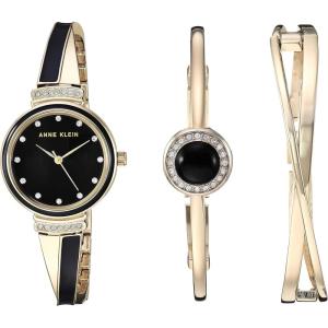 Anne Klein Women’s Premium Crystal Accented Watch and Bangle Set(Gold/Black)
