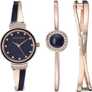 Anne Klein Women’s Premium Crystal Accented Watch and Bangle Set(Gold/Navy Blue)