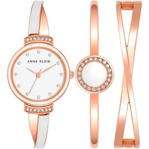 Anne Klein Women’s Premium Crystal Accented Watch and Bangle Set(Rose Gold/White)