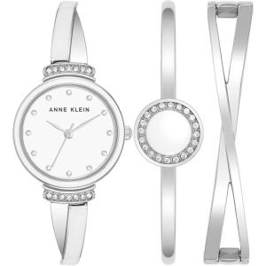 Anne Klein Women’s Premium Crystal Accented Watch and Bangle Set(Silver/White)