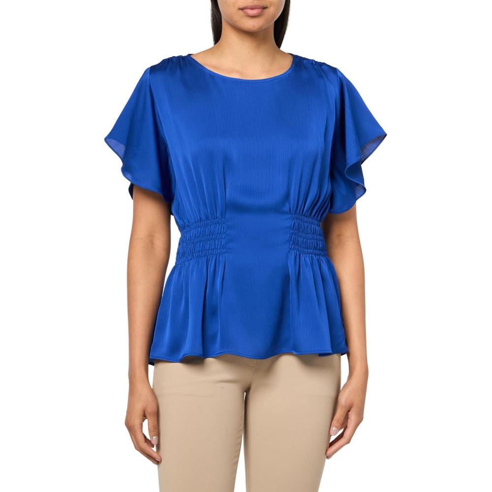 imageAnne Klein Womens Smocked Waist Flutter SLV BlouseSantorini Blue