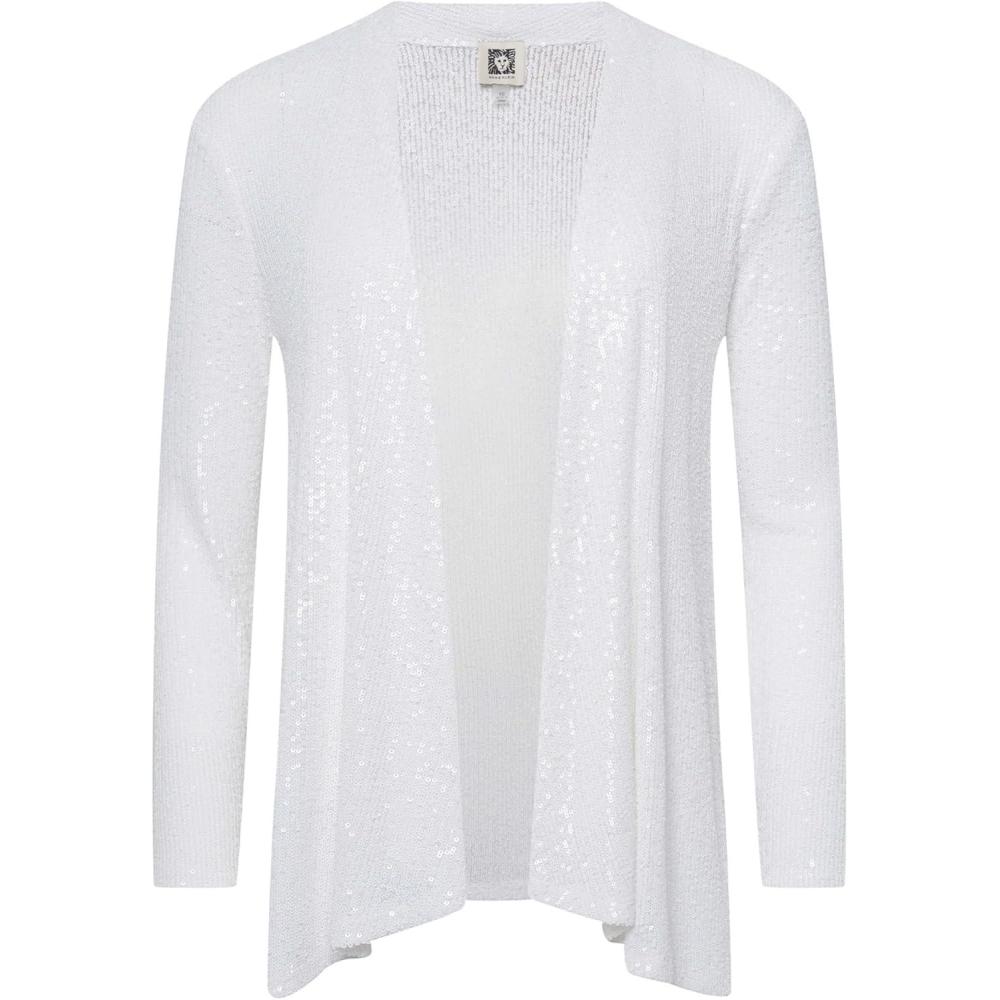imageAnne Klein Womens Sequin Mesh 3q Ruched Neck Hi Lo CardigaBright White