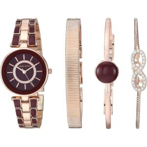 Anne Klein Women’s AK/3286BKST Premium Crystal Accented Gold-Tone and Black Watch and Bracelet Set(Burgundy/Rose Gold)