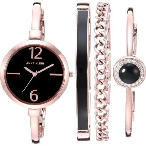 Anne Klein Women’s Bangle Watch and Premium Crystal Accented Bracelet Set(Black/Rose Gold)
