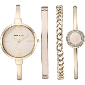 Anne Klein Women’s Bangle Watch and Premium Crystal Accented Bracelet Set(Gold/Pink)